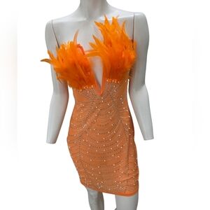 Orange Feather & Rhinestone Strapless Asymmetric Top Bodycon Dress